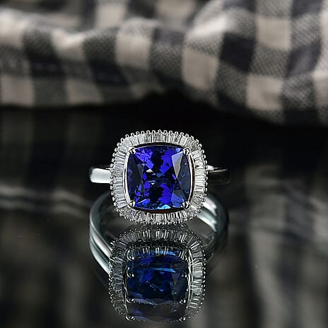 Rhapsody 950 Platinum AAAA Tanzanite & VS-E-F White Diamond Cushion Cut Halo Ring 5.03 Ct, Platinum Wt. 6.70 Gms
