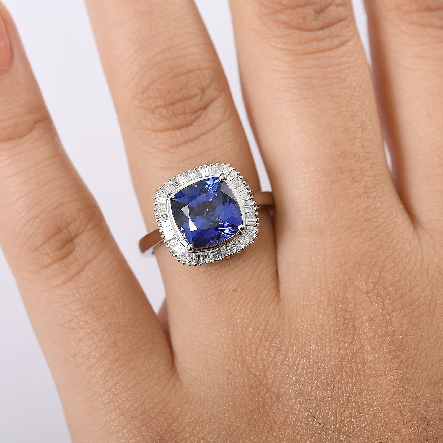 Rhapsody 950 Platinum AAAA Tanzanite & VS-E-F White Diamond Cushion Cut Halo Ring 5.03 Ct, Platinum Wt. 6.70 Gms