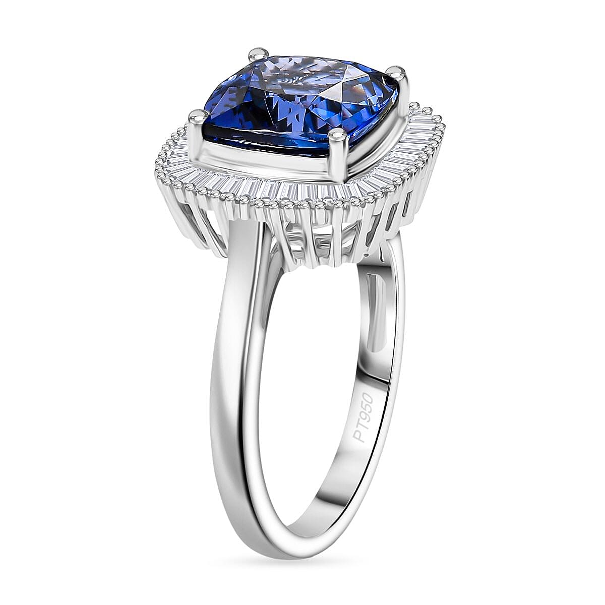 Rhapsody 950 Platinum AAAA Tanzanite & VS-E-F White Diamond Cushion Cut Halo Ring 5.03 Ct, Platinum Wt. 6.70 Gms
