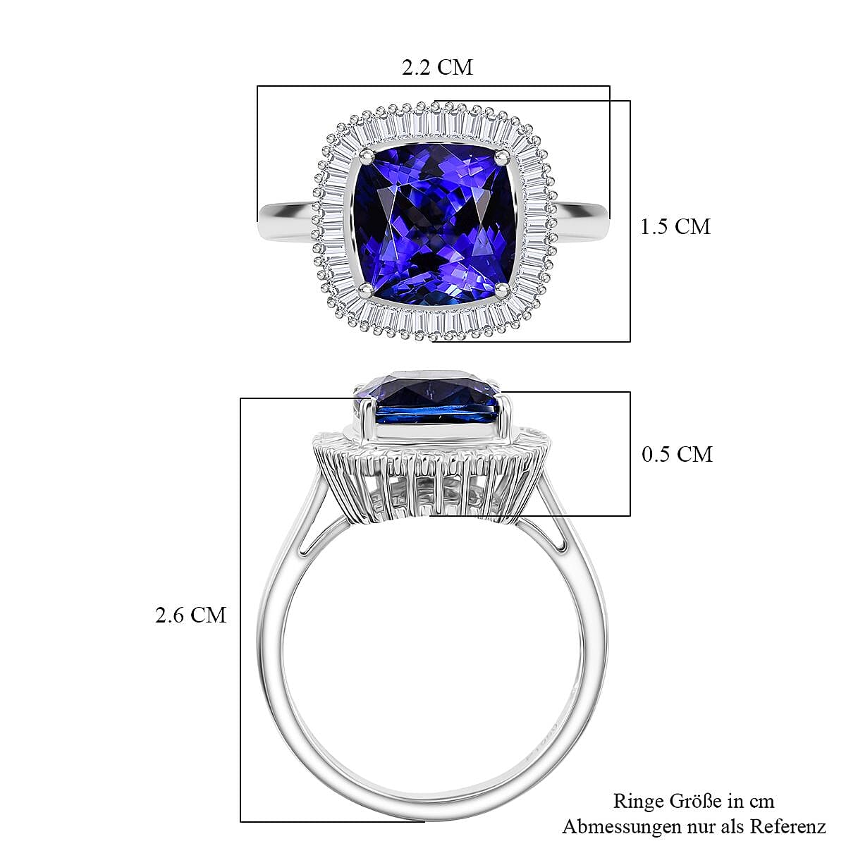 Rhapsody 950 Platinum AAAA Tanzanite & VS-E-F White Diamond Cushion Cut Halo Ring 5.03 Ct, Platinum Wt. 6.70 Gms