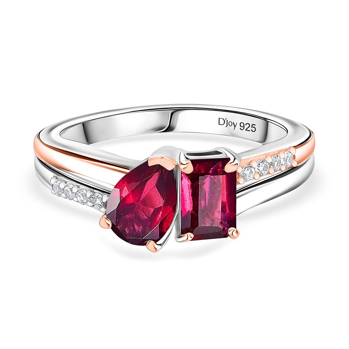 Djoy Orissa Rhodolite Garnet & White Zircon Ring in Rose Gold & Platinum Plating Sterling Silver 1.70 Ct.