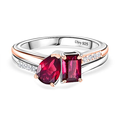 Djoy Orissa Rhodolite Garnet & White Zircon Ring in Rose Gold & Platinum Plating Sterling Silver 1.70 Ct.