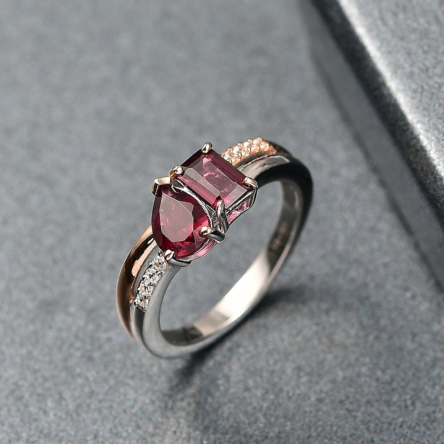 Djoy Orissa Rhodolite Garnet & White Zircon Ring in Rose Gold & Platinum Plating Sterling Silver 1.70 Ct.