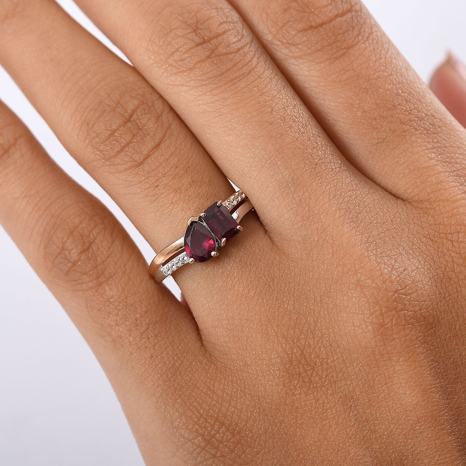 Djoy Orissa Rhodolite Garnet & White Zircon Ring in Rose Gold & Platinum Plating Sterling Silver 1.70 Ct.