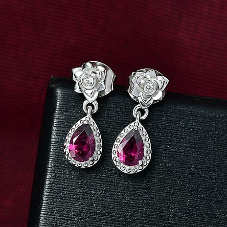 Djoy Orissa Rhodolite Garnet & White Zircon Stud Push Post Earring in Rhodium Overlay Sterling Silver 1.15 Ct.