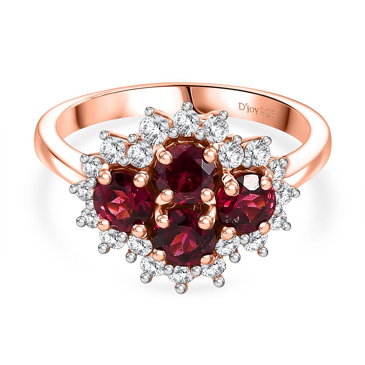 Djoy Rhodolite Garnet & White Zircon Ring in 18K Rose Gold Plating Sterling Silver 1.94 Ct.