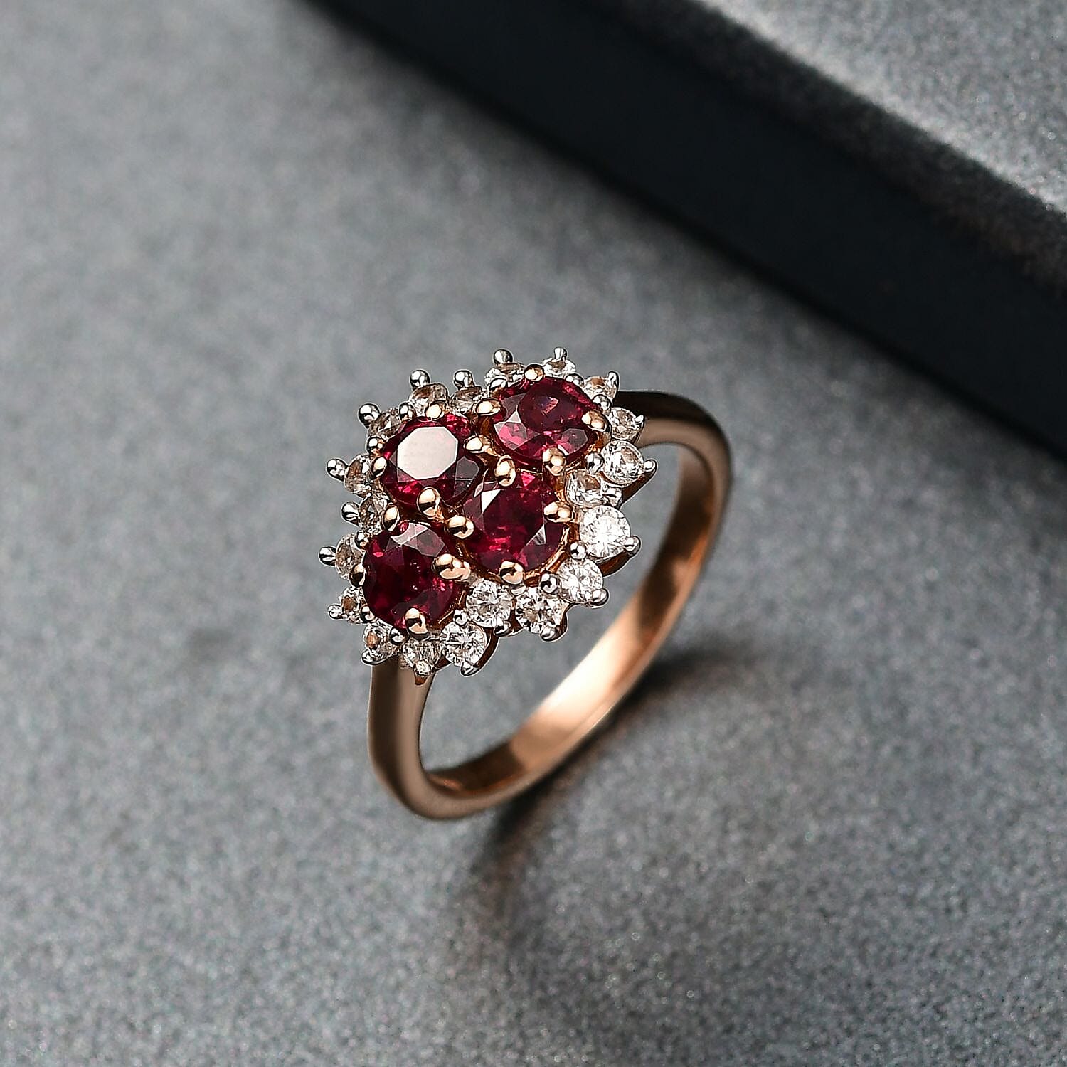Djoy Rhodolite Garnet & White Zircon Ring in 18K Rose Gold Plating Sterling Silver 1.94 Ct.