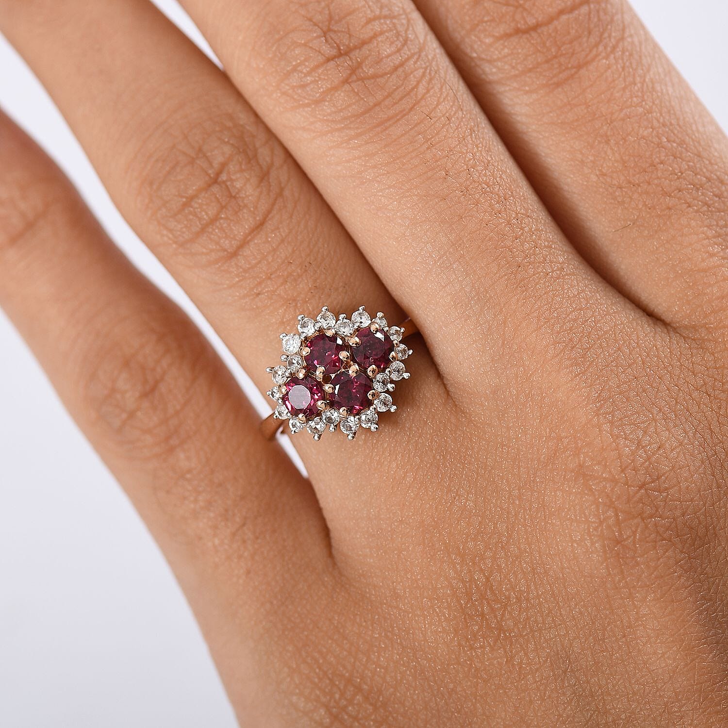 Djoy Rhodolite Garnet & White Zircon Ring in 18K Rose Gold Plating Sterling Silver 1.94 Ct.
