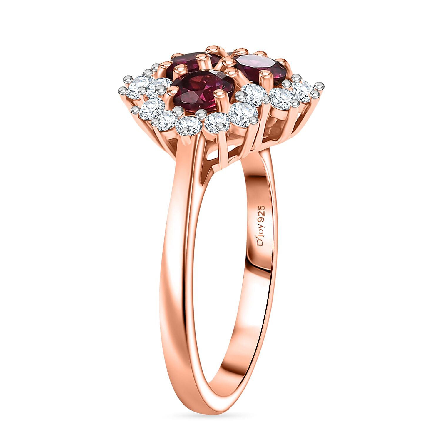 Djoy Rhodolite Garnet & White Zircon Ring in 18K Rose Gold Plating Sterling Silver 1.94 Ct.