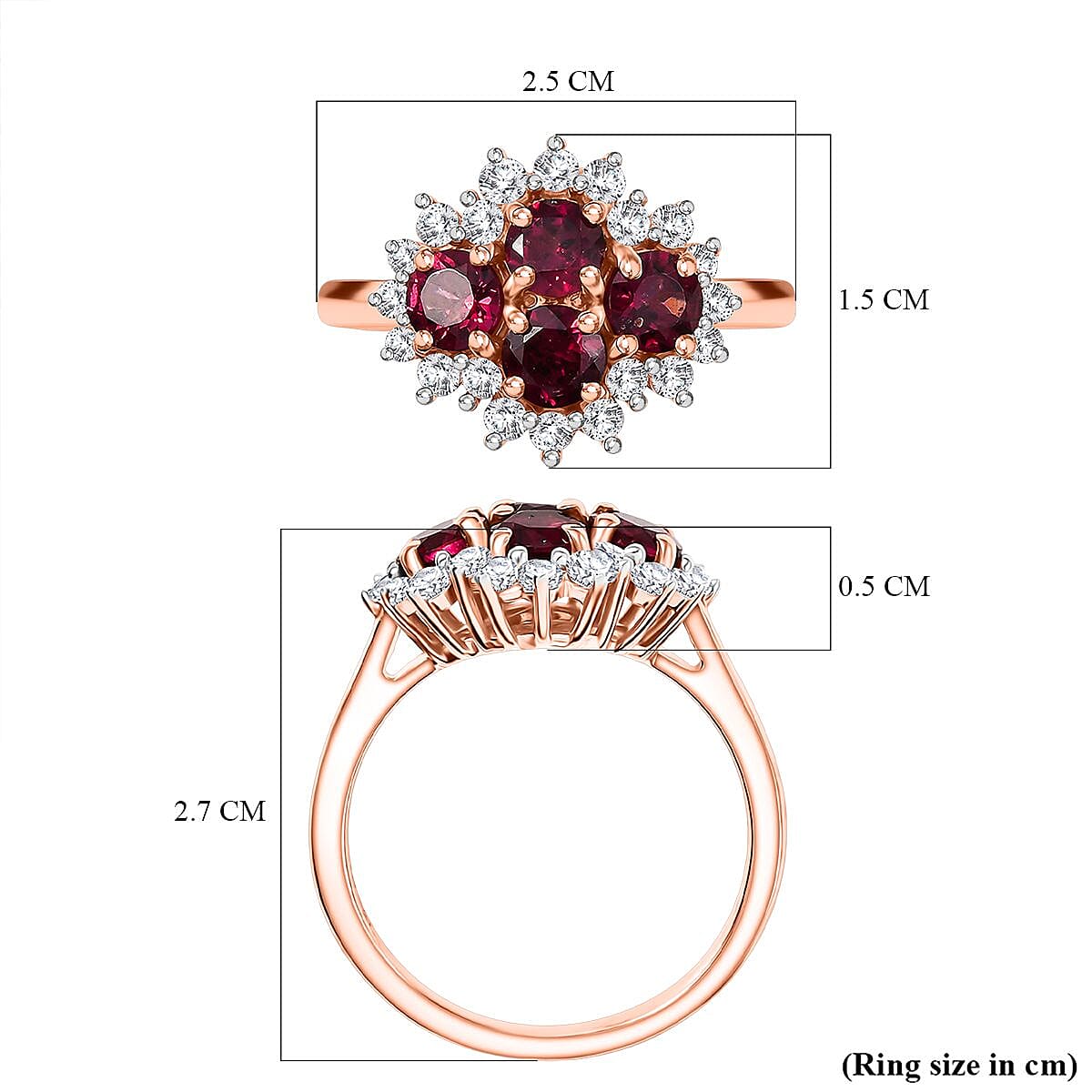 Djoy Rhodolite Garnet & White Zircon Ring in 18K Rose Gold Plating Sterling Silver 1.94 Ct.