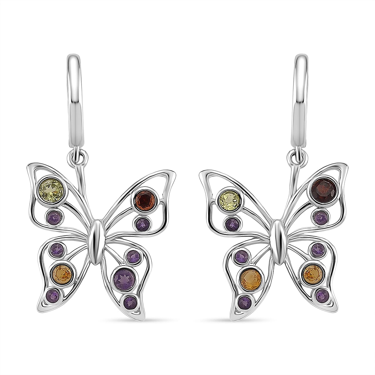 LucyQ Butterfly Collection - Red Garnet & Multi Gemstones Cluster Butterfly Earring with Hoop in Rhodium Overlay Sterling Silver, Silver Wt. 5.00 Gms.