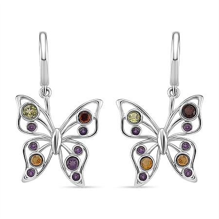 LucyQ Butterfly Collection - Red Garnet & Multi Gemstones Cluster Butterfly Earring with Hoop in Rhodium Overlay Sterling Silver, Silver Wt. 5.00 Gms.