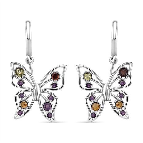 LucyQ Butterfly Collection - Red Garnet & Multi Gemstones Cluster Butterfly Earring with Hoop in Rhodium Overlay Sterling Silver, Silver Wt. 5.00 Gms.
