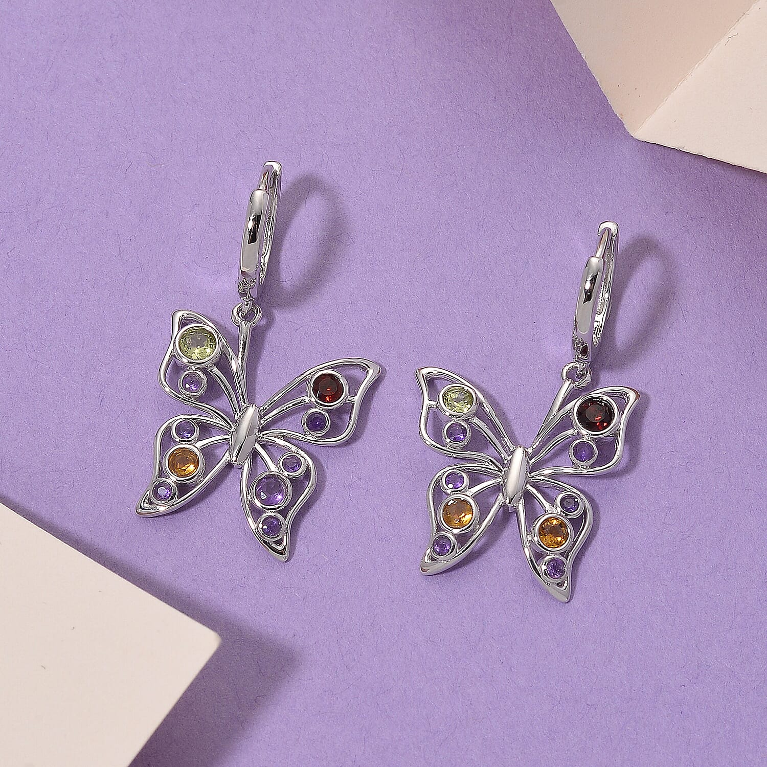 LucyQ Butterfly Collection - Red Garnet & Multi Gemstones Cluster Butterfly Earring with Hoop in Rhodium Overlay Sterling Silver, Silver Wt. 5.00 Gms.