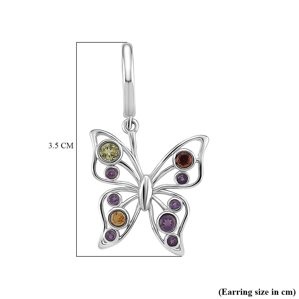 LucyQ Butterfly Collection - Red Garnet & Multi Gemstones Cluster Butterfly Earring with Hoop in Rhodium Overlay Sterling Silver, Silver Wt. 5.00 Gms.