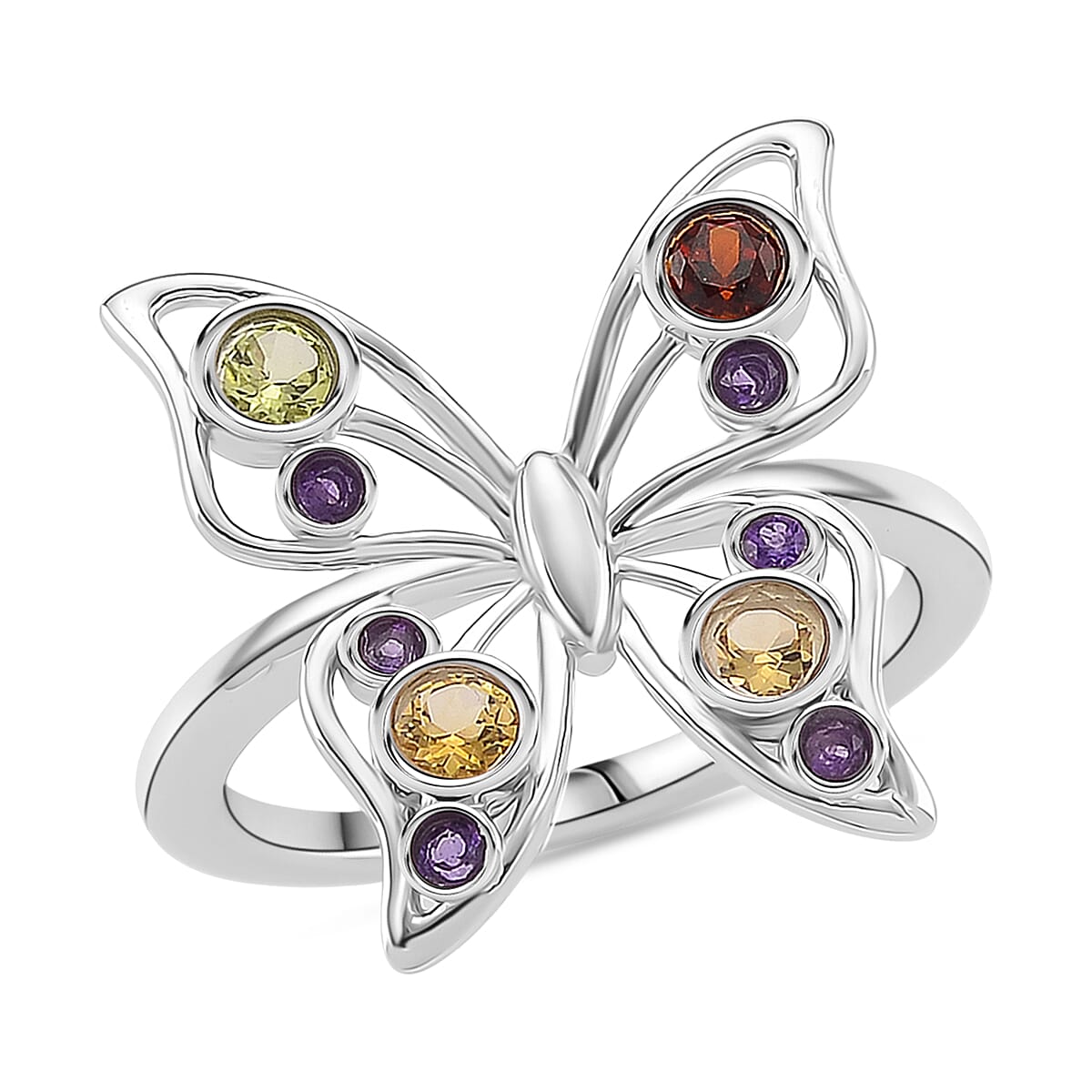 LucyQ Butterfly Collection - Red Garnet, African Amethyst & Multi Gemstones Cluster Butterfly Ring in Rhodium Overlay Sterling Silver