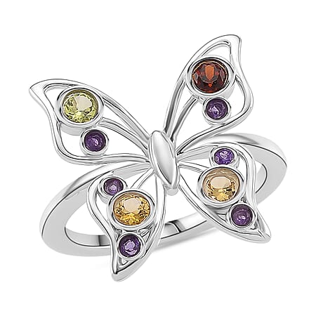 LucyQ Butterfly Collection - Red Garnet, African Amethyst & Multi Gemstones Cluster Butterfly Ring in Rhodium Overlay Sterling Silver