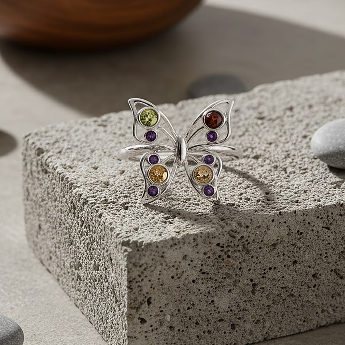 LucyQ Butterfly Collection - Red Garnet, African Amethyst & Multi Gemstones Cluster Butterfly Ring in Rhodium Overlay Sterling Silver
