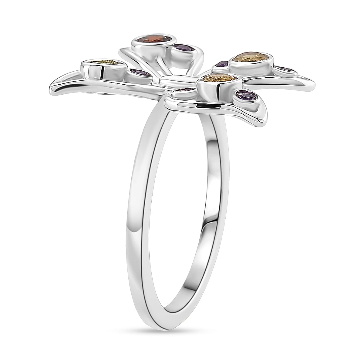 LucyQ Butterfly Collection - Red Garnet, African Amethyst & Multi Gemstones Cluster Butterfly Ring in Rhodium Overlay Sterling Silver