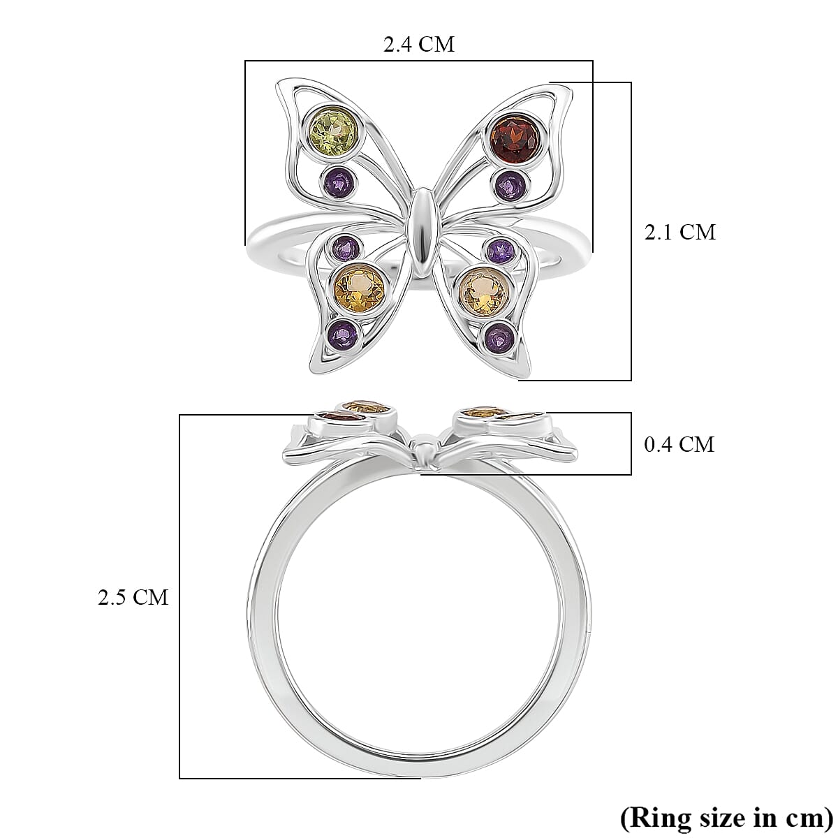 LucyQ Butterfly Collection - Red Garnet, African Amethyst & Multi Gemstones Cluster Butterfly Ring in Rhodium Overlay Sterling Silver