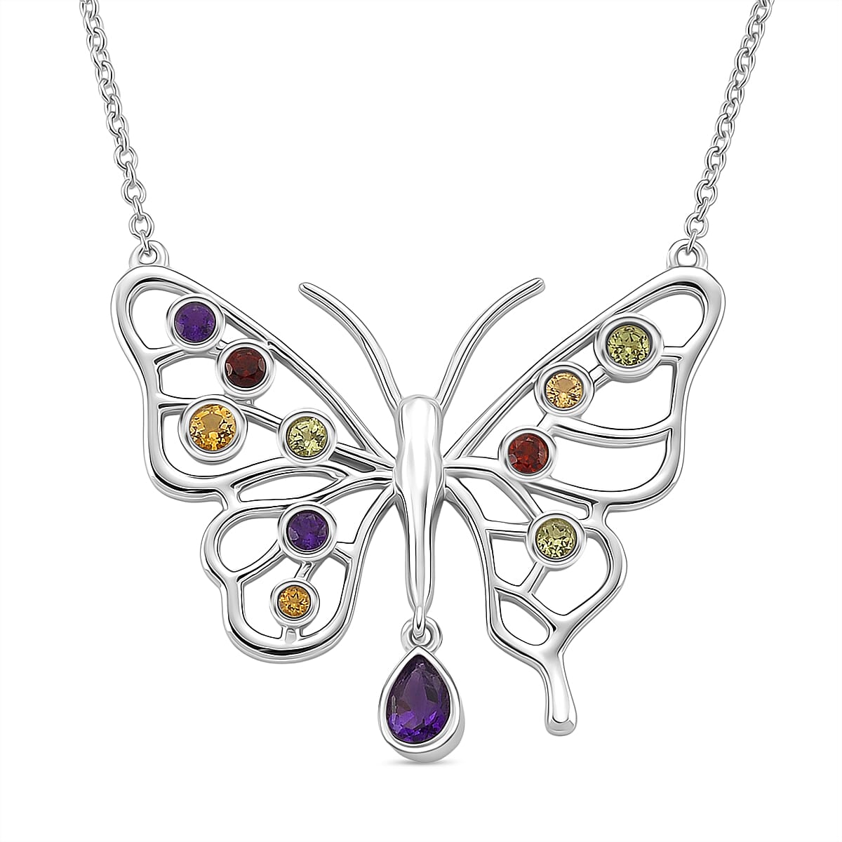LucyQ Butterfly Collection - African Amethyst & Multi Gemstones Cluster Butterfly Necklace (Size 20) in Rhodium Overlay Sterling Silver 1.27 Ct, Silver Wt. 7.90 Gms.