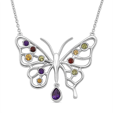 LucyQ Butterfly Collection - African Amethyst & Multi Gemstones Cluster Butterfly Necklace (Size 20) in Rhodium Overlay Sterling Silver 1.27 Ct, Silver Wt. 7.90 Gms.