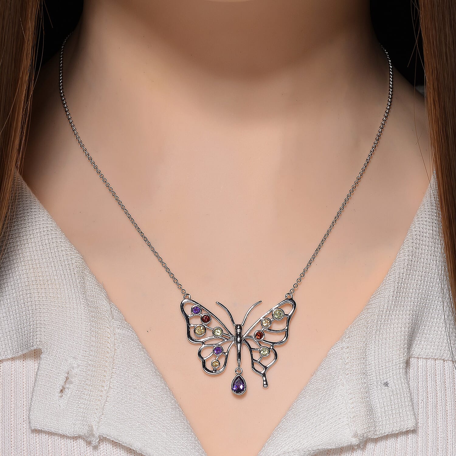 LucyQ Butterfly Collection - African Amethyst & Multi Gemstones Cluster Butterfly Necklace (Size 20) in Rhodium Overlay Sterling Silver 1.27 Ct, Silver Wt. 7.90 Gms.