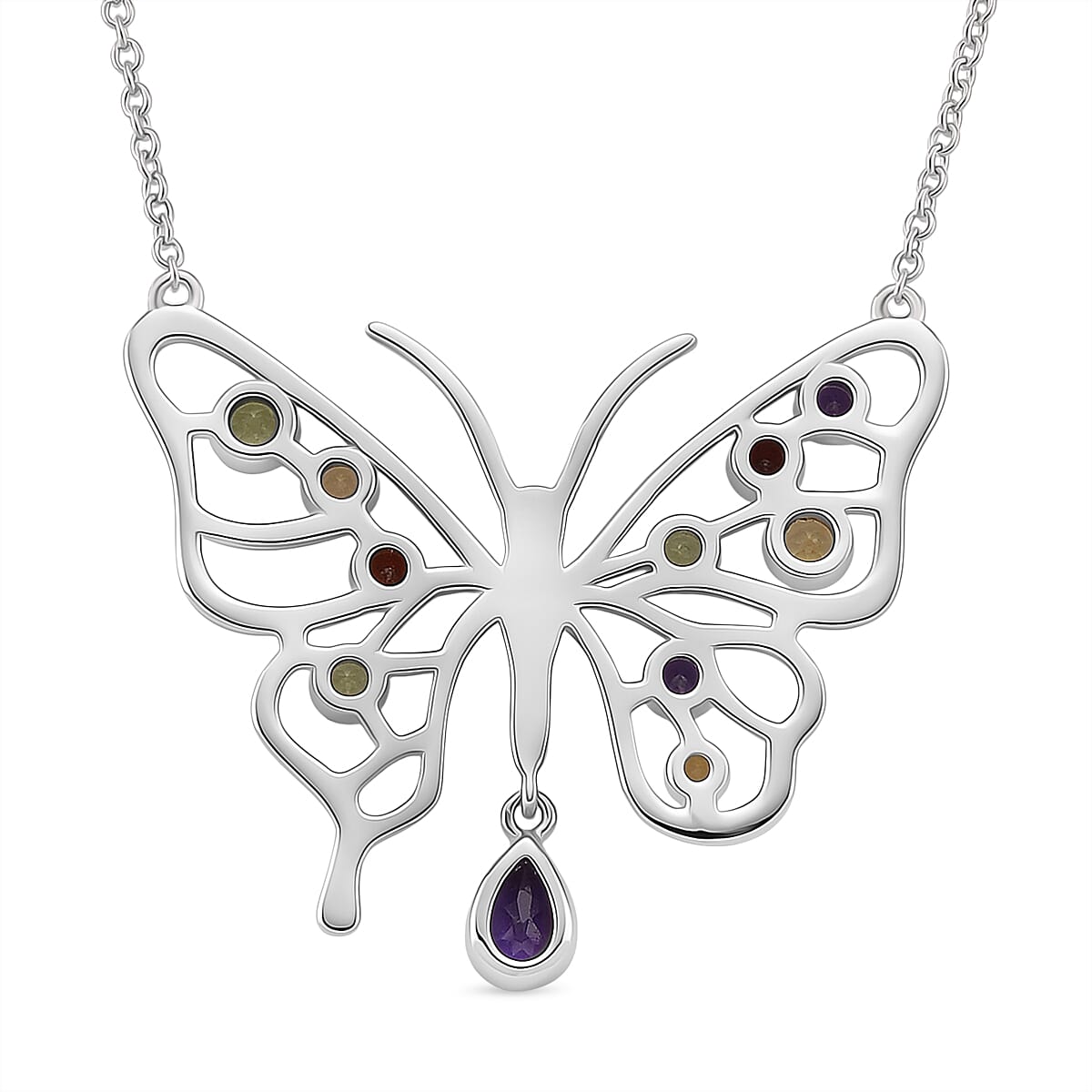 LucyQ Butterfly Collection - African Amethyst & Multi Gemstones Cluster Butterfly Necklace (Size 20) in Rhodium Overlay Sterling Silver 1.27 Ct, Silver Wt. 7.90 Gms.