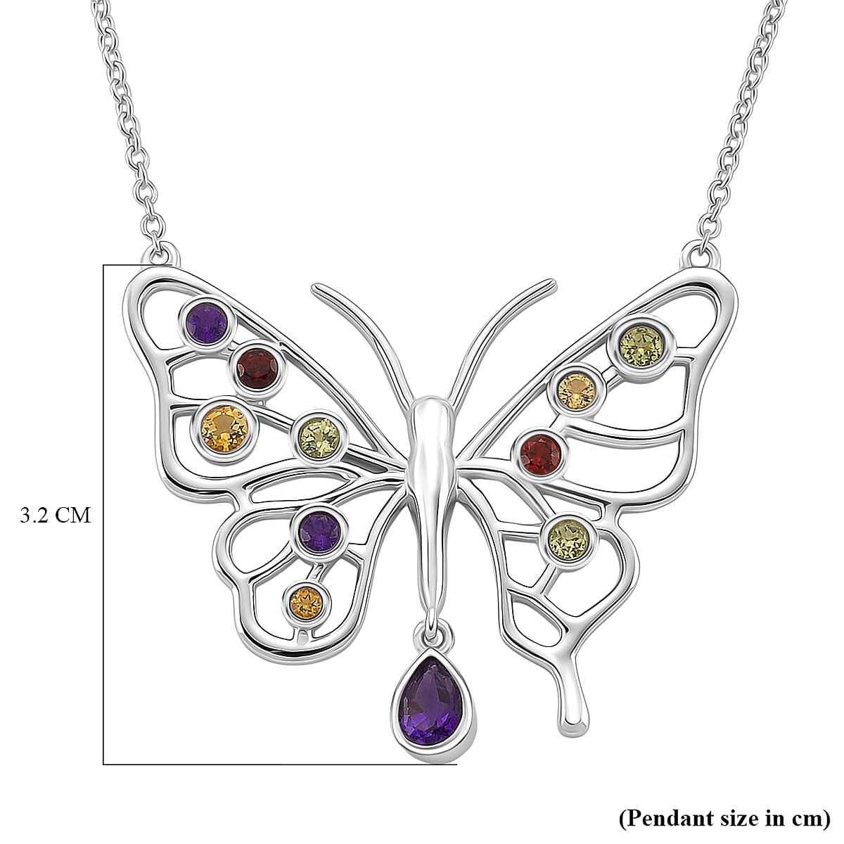LucyQ Butterfly Collection - African Amethyst & Multi Gemstones Cluster Butterfly Necklace (Size 20) in Rhodium Overlay Sterling Silver 1.27 Ct, Silver Wt. 7.90 Gms.