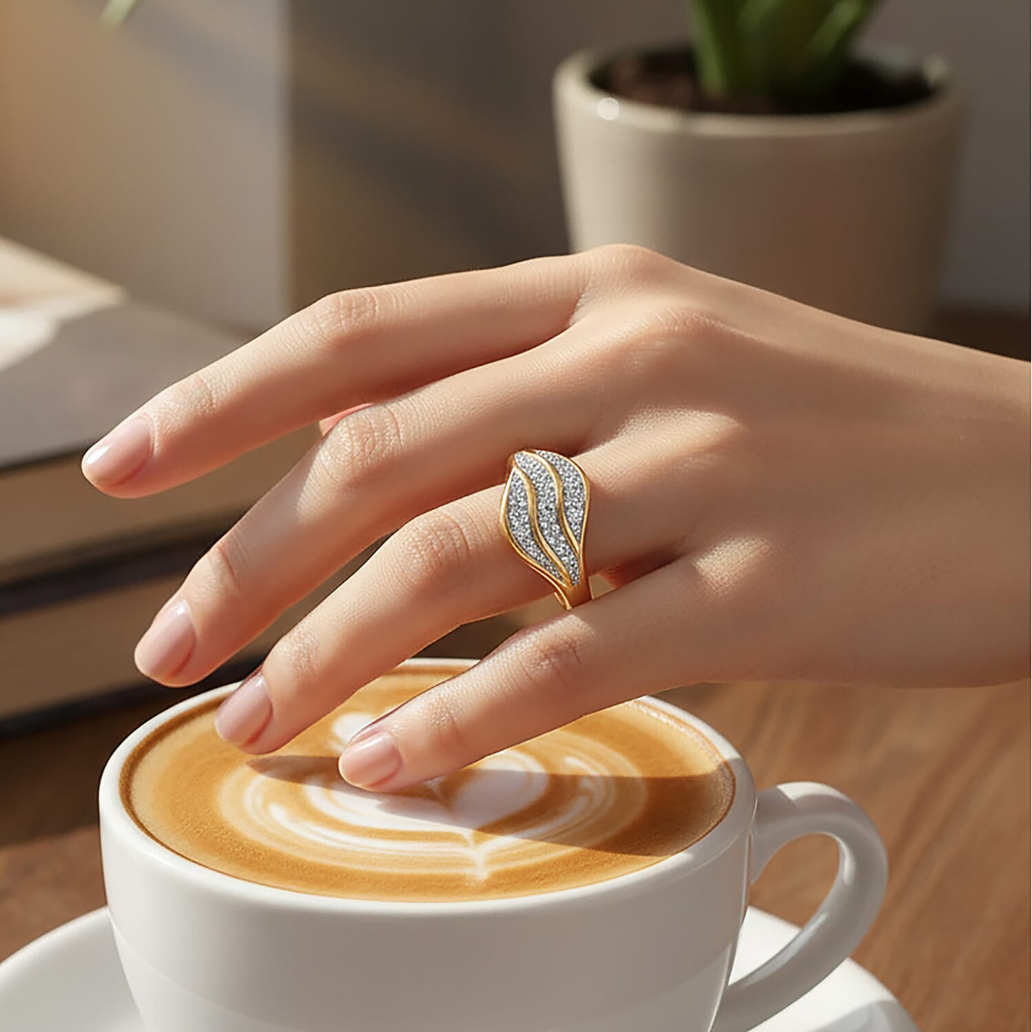 Lucy Q-Flame Collection Moissanite Ring in Two Tone Plated Sterling Silver