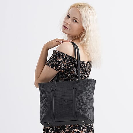 Genuine Leather Patterned Tote Bag (Size 38x12x27 cm) - Black & Black