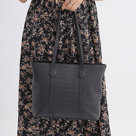 Genuine Leather Patterned Tote Bag (Size 38x12x27 cm) - Black & Black