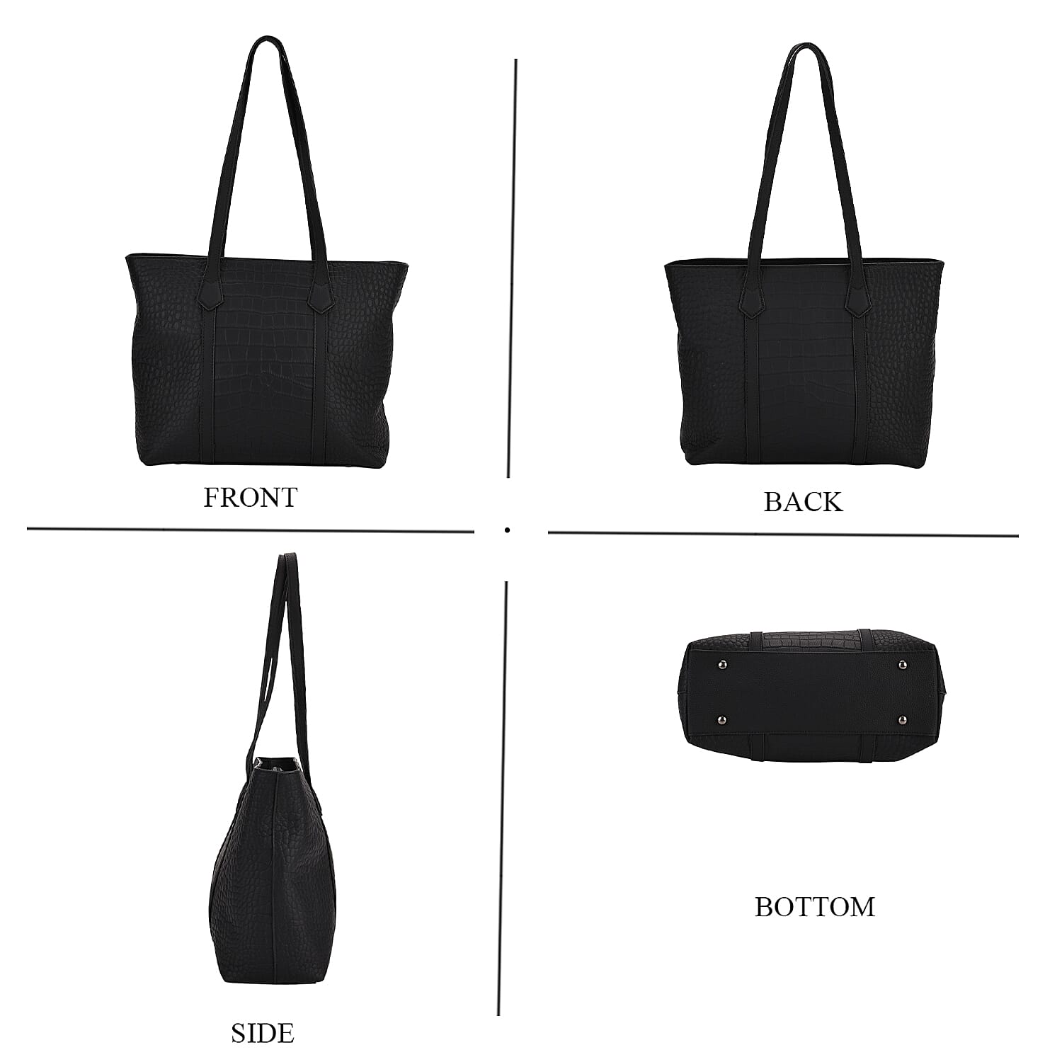 Genuine Leather Patterned Tote Bag (Size 38x12x27 cm) - Black & Black