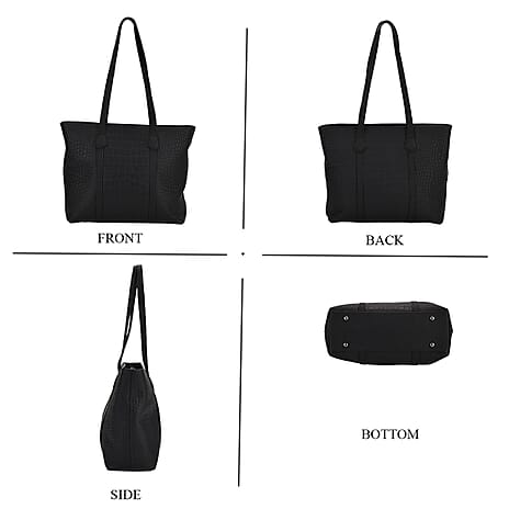 Genuine Leather Patterned Tote Bag (Size 38x12x27 cm) - Black & Black