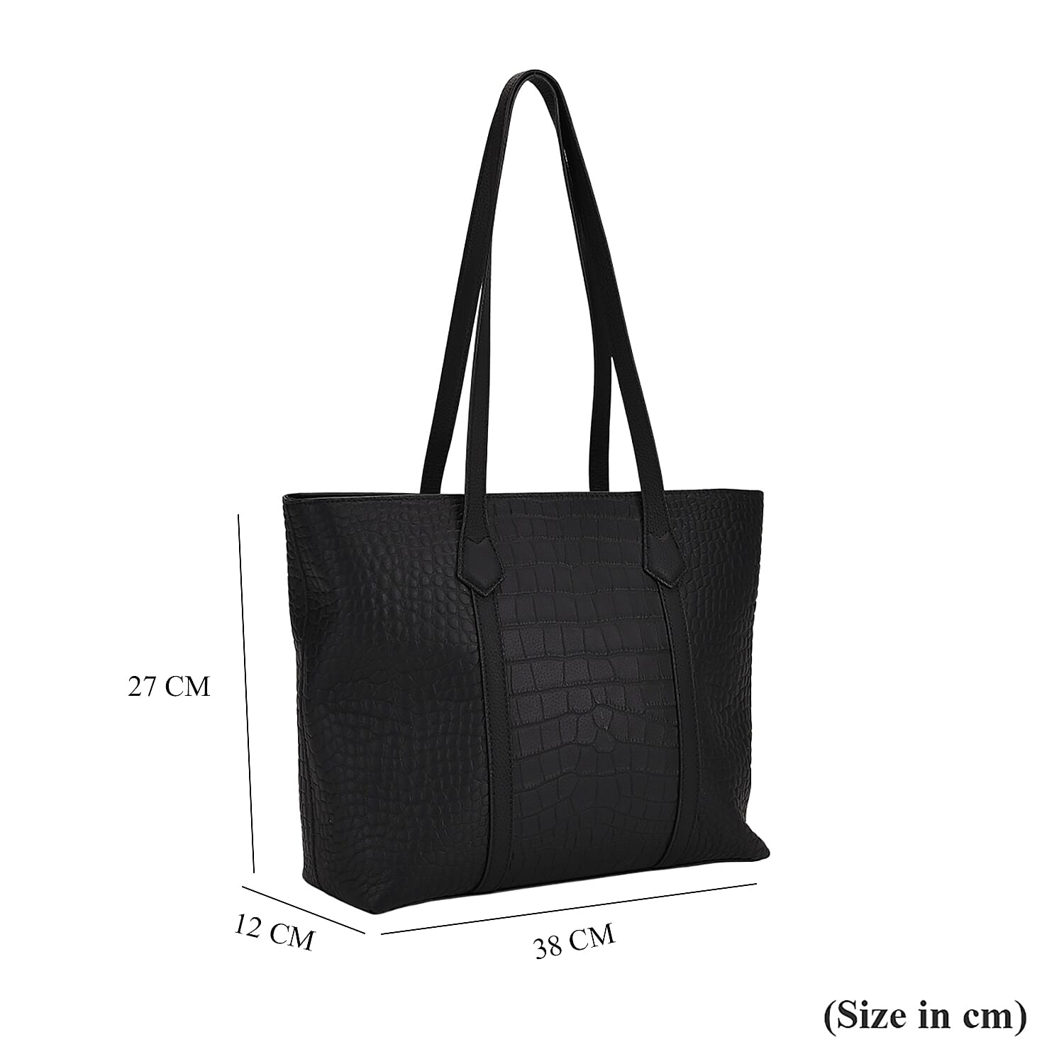 Genuine Leather Patterned Tote Bag (Size 38x12x27 cm) - Black & Black