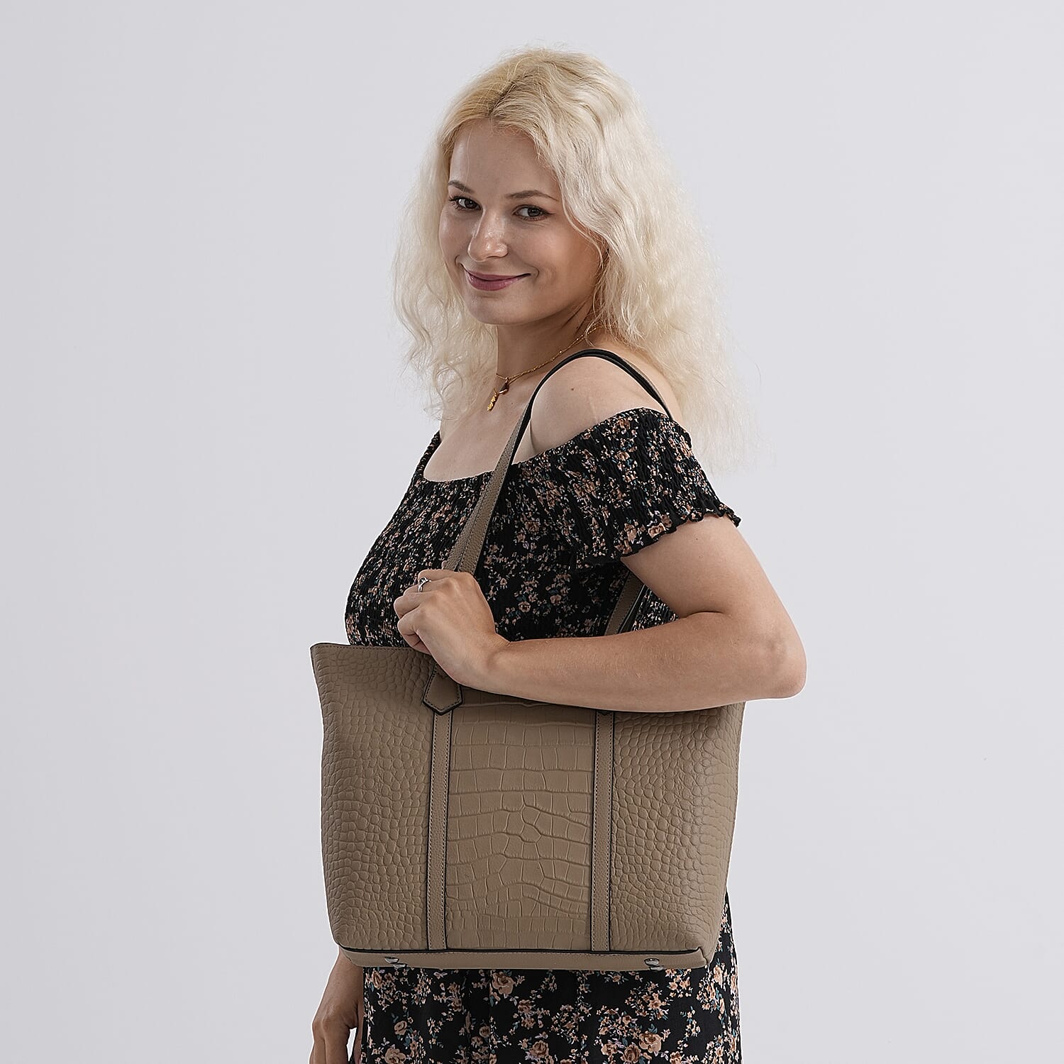 Genuine Leather Patterned Tote Bag (Size 38x12x27 cm) - Grey & Black