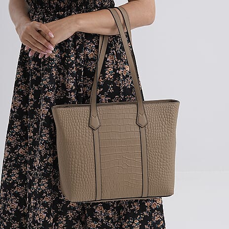 Genuine Leather Patterned Tote Bag (Size 38x12x27 cm) - Grey & Black