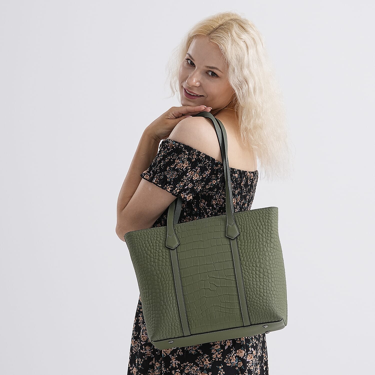 Genuine Leather Classic Tote Bag - Green