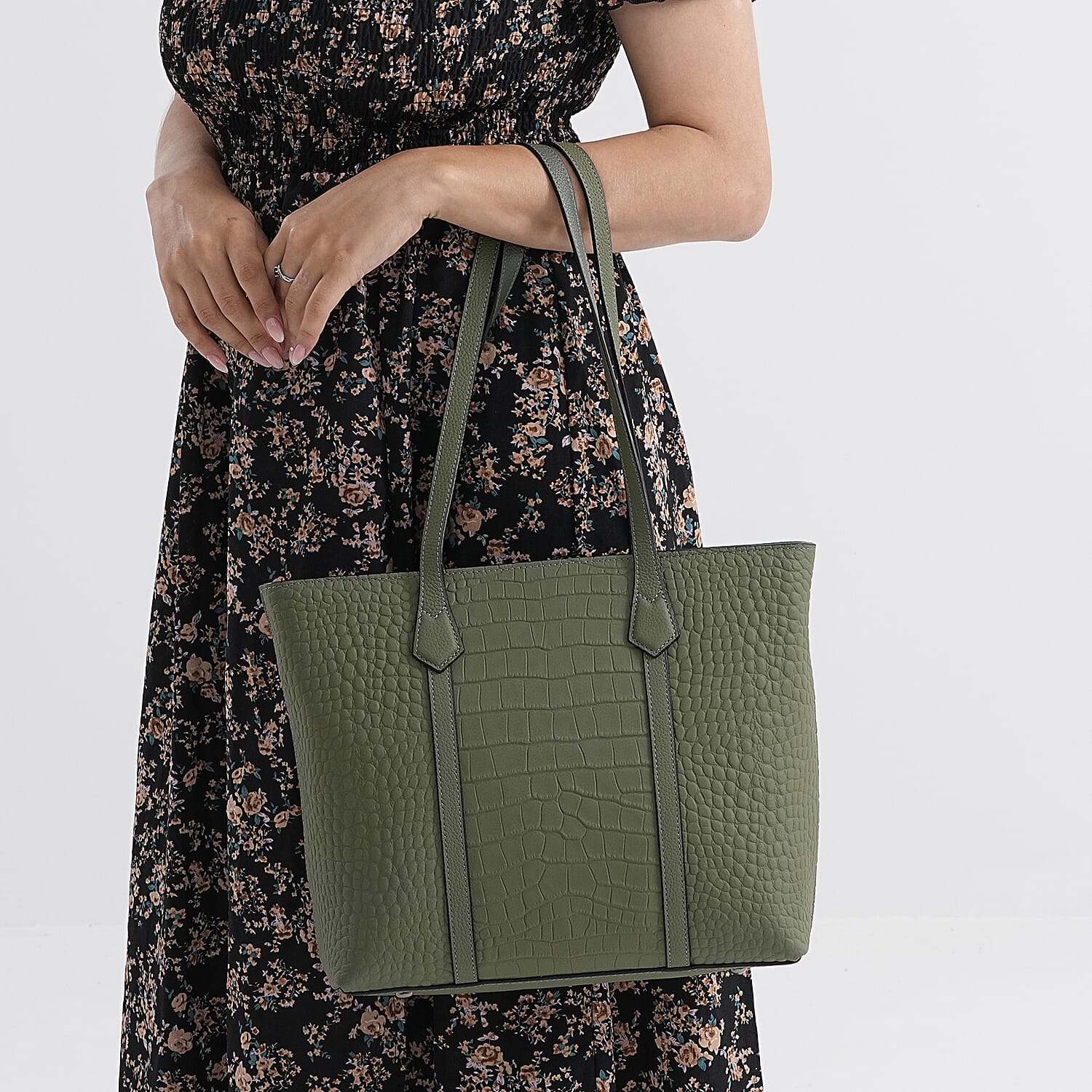 Genuine Leather Classic Tote Bag - Green