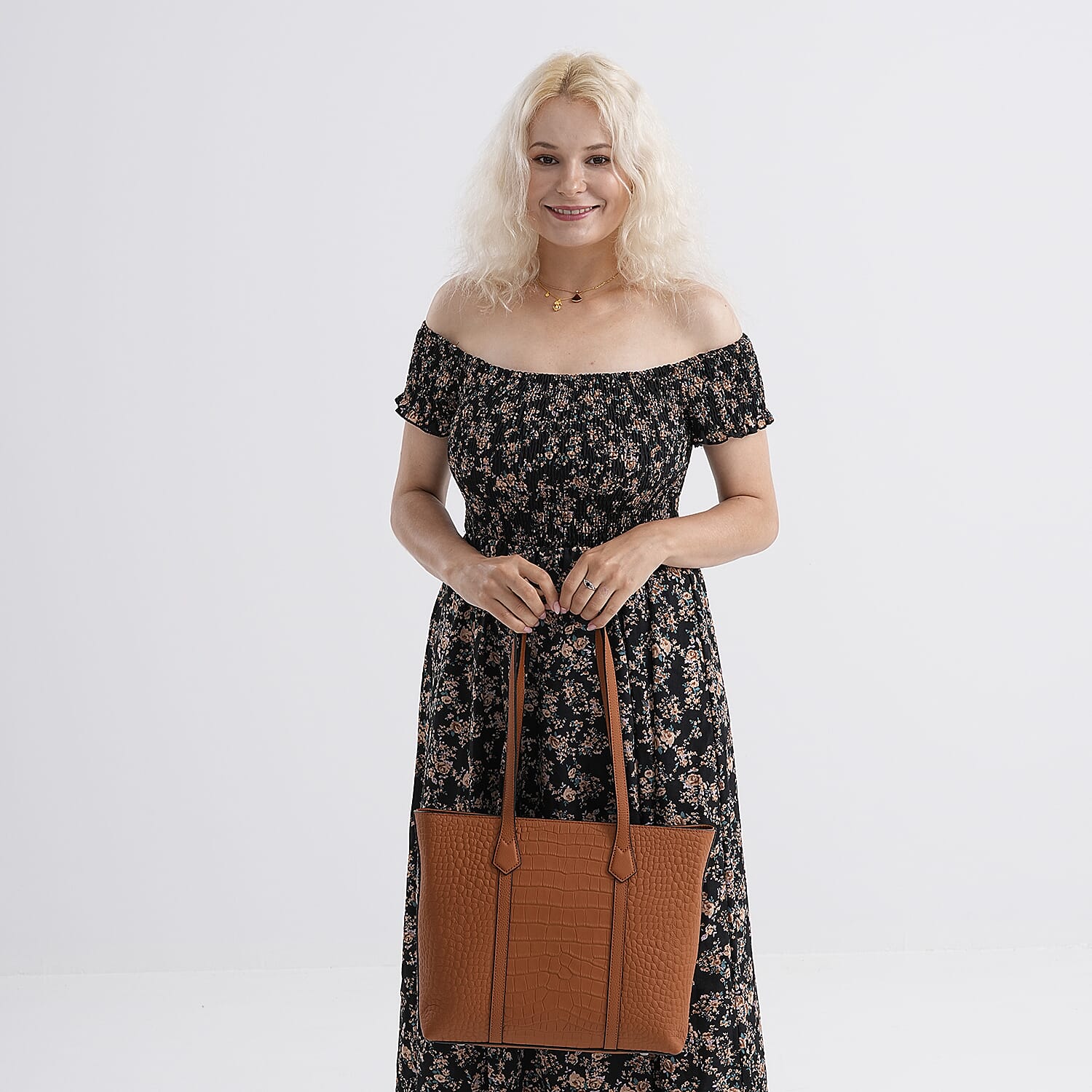 Genuine Leather Patterned Tote Bag (Size 38x12x27 cm) - Tan & Black