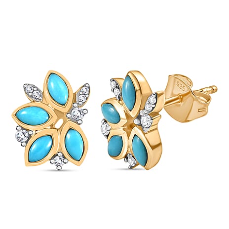 D'joy Sleeping Beauty Turquoise & White Zircon Stud Push Post Earring in 14K Yellow Gold Plated Overlay Sterling Silver