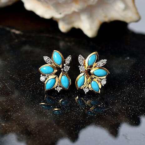 D'joy Sleeping Beauty Turquoise & White Zircon Stud Push Post Earring in 14K Yellow Gold Plated Overlay Sterling Silver