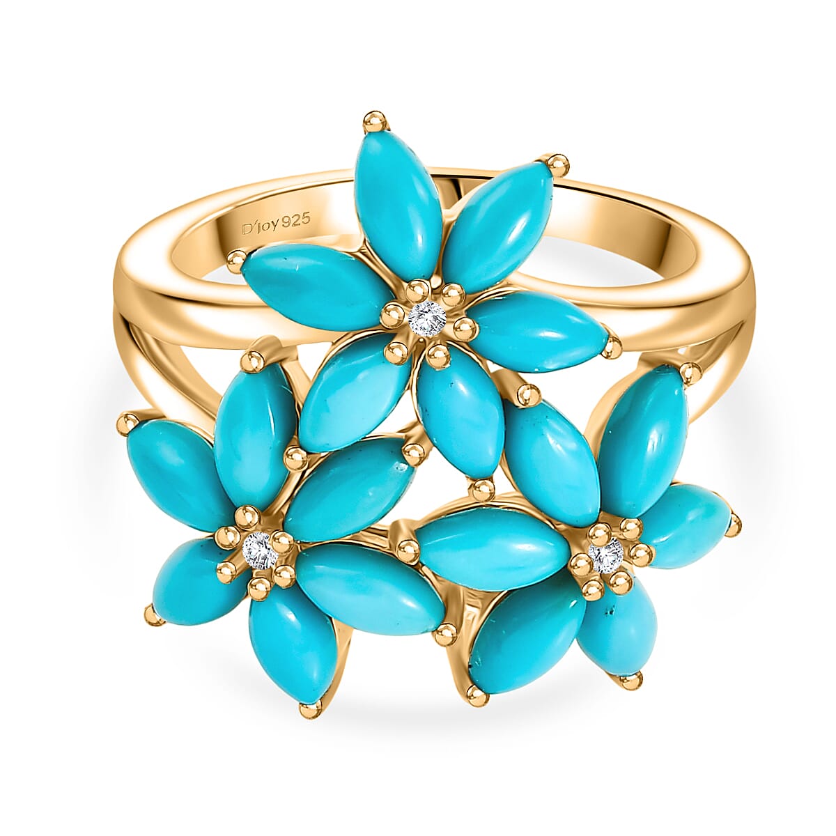 D'joy Sleeping Beauty Turquoise & White Zircon Floral Ring in 14K Yellow Gold Plating Sterling Silver 2.98 Ct.