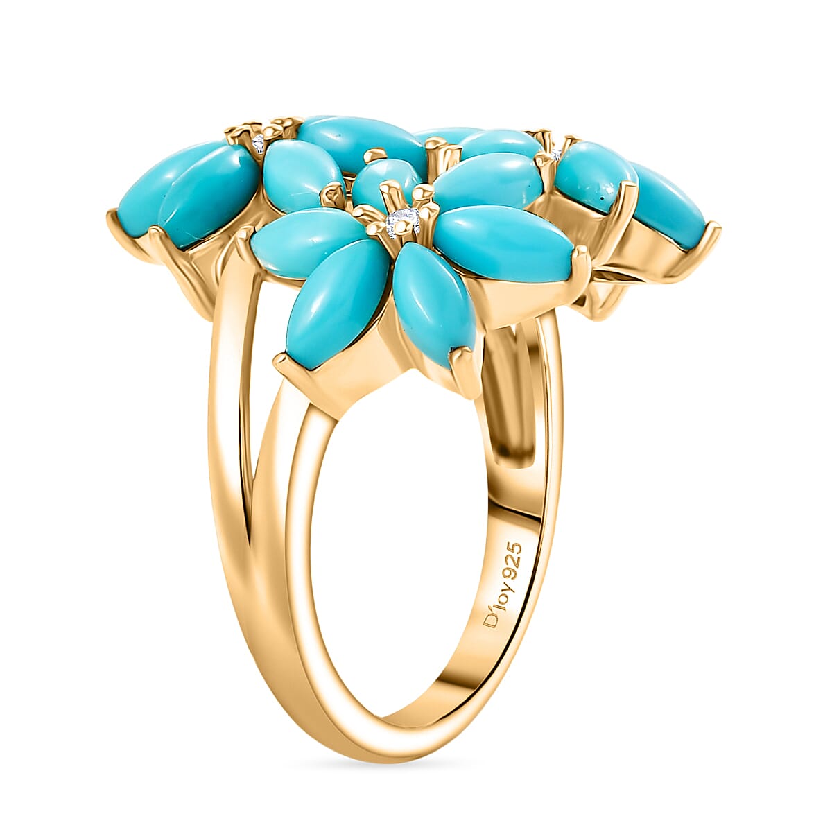 D'joy Sleeping Beauty Turquoise & White Zircon Floral Ring in 14K Yellow Gold Plating Sterling Silver 2.98 Ct.