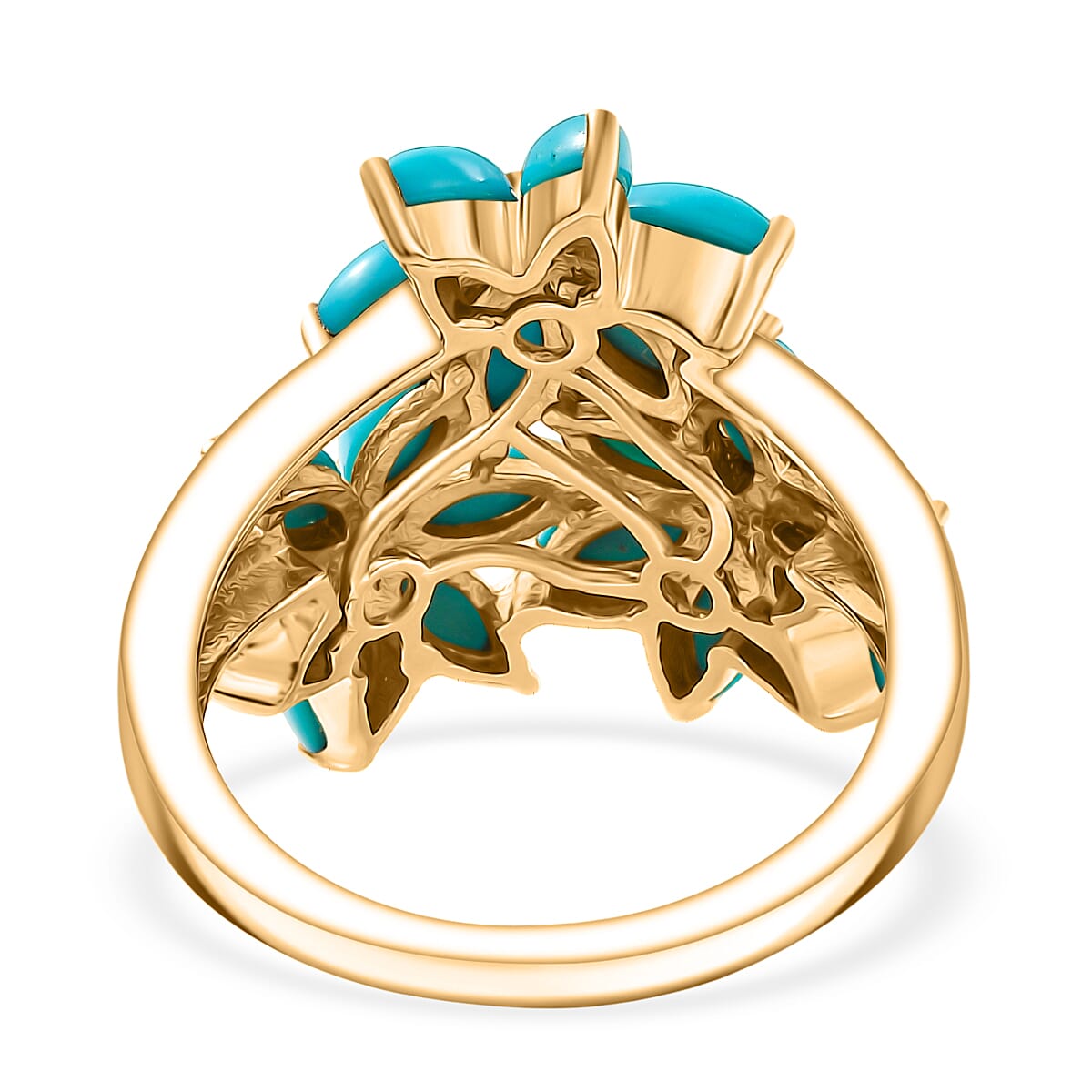 D'joy Sleeping Beauty Turquoise & White Zircon Floral Ring in 14K Yellow Gold Plating Sterling Silver 2.98 Ct.