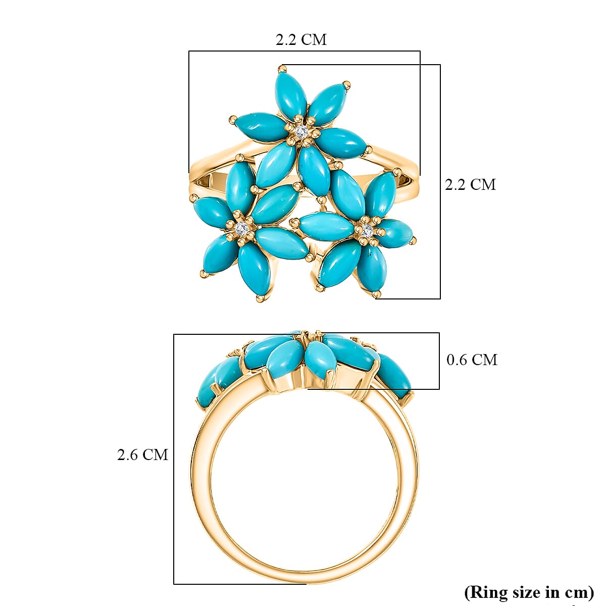D'joy Sleeping Beauty Turquoise & White Zircon Floral Ring in 14K Yellow Gold Plating Sterling Silver 2.98 Ct.