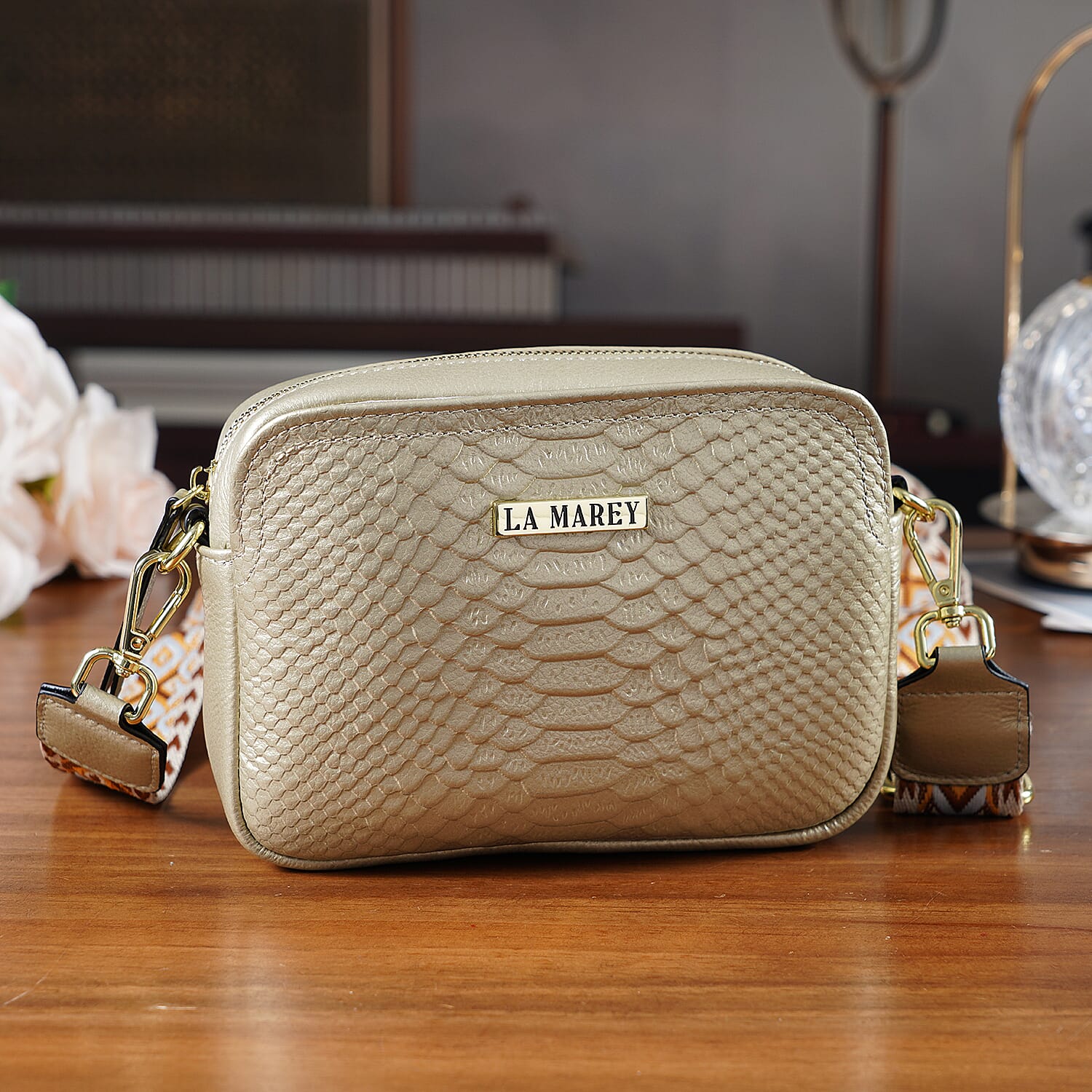 La Marey Genuine Leather Sling Crossbody Bag - Gold