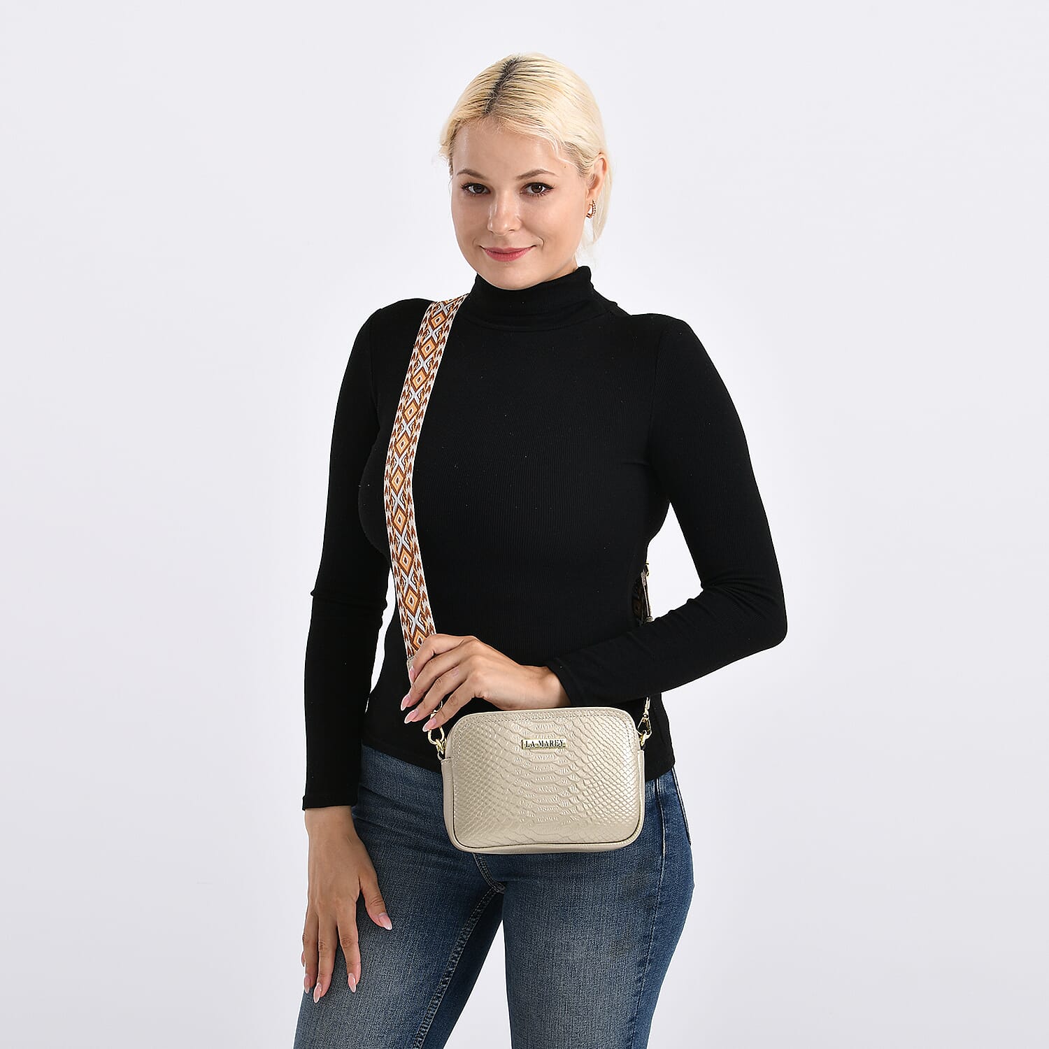 La Marey Genuine Leather Sling Crossbody Bag - Gold