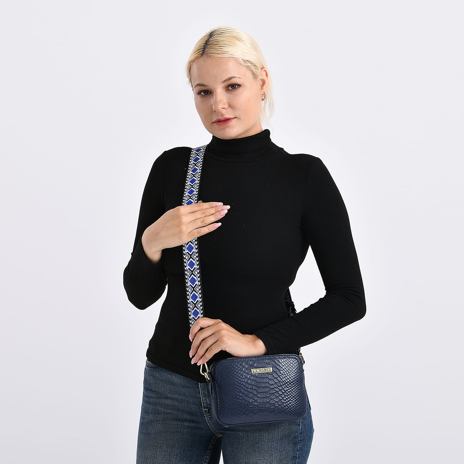 La Marey Genuine Leather Sling Crossbody Bag - Navy Blue