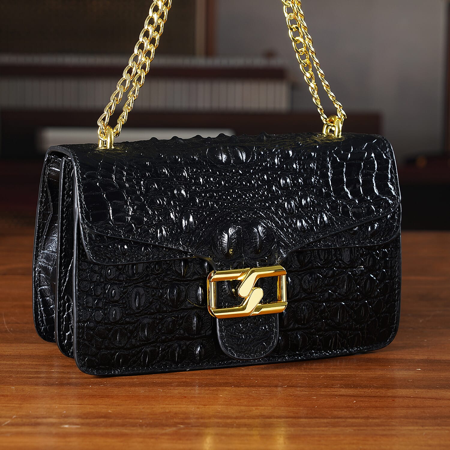 La Marey Genuine Leather Crossbody Bag with Chain Strap (120 cm) - Black